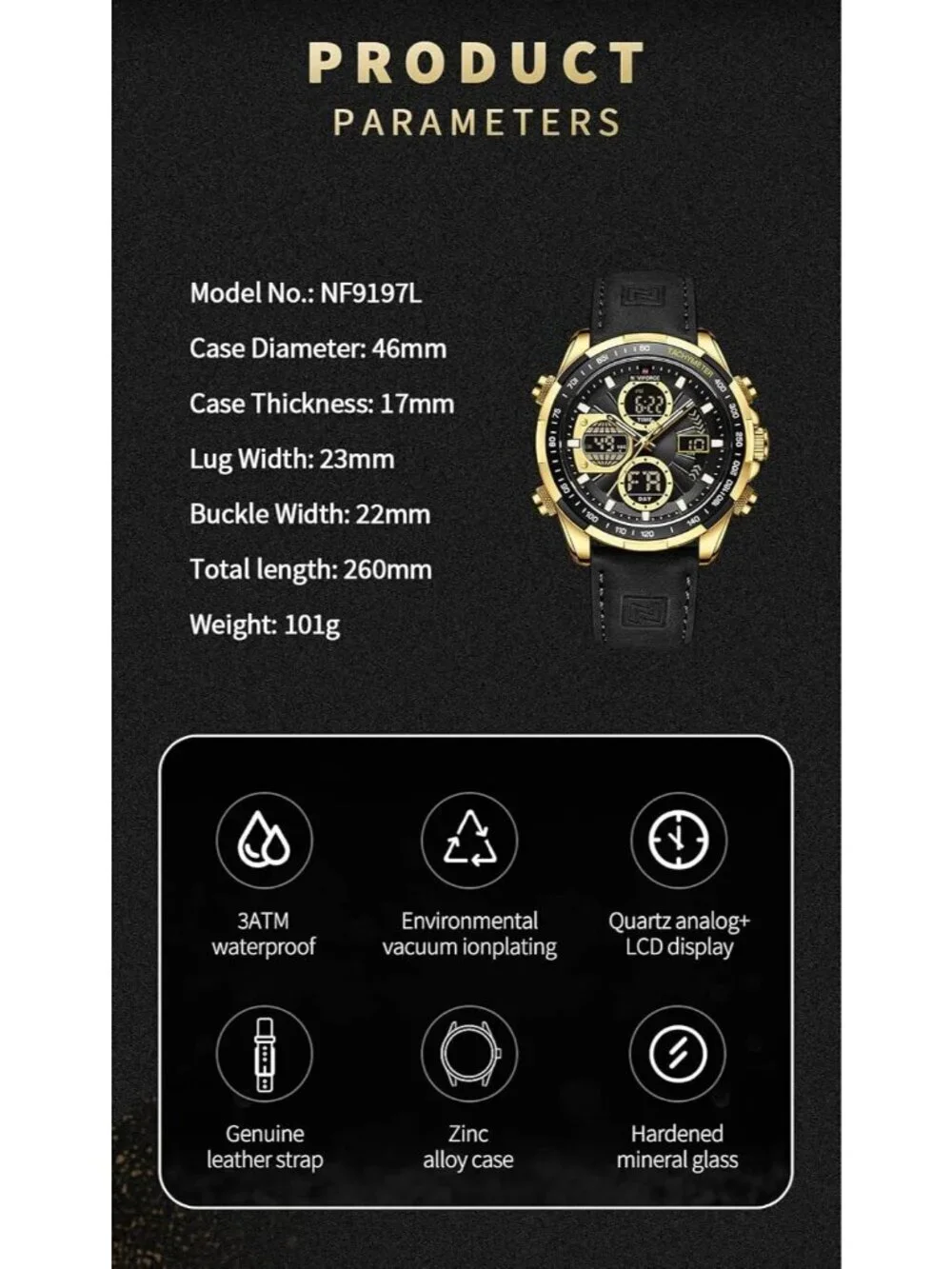 Men's Black And Gold Analog Quartz Waterproof Chronograph Stylish Casual Watch